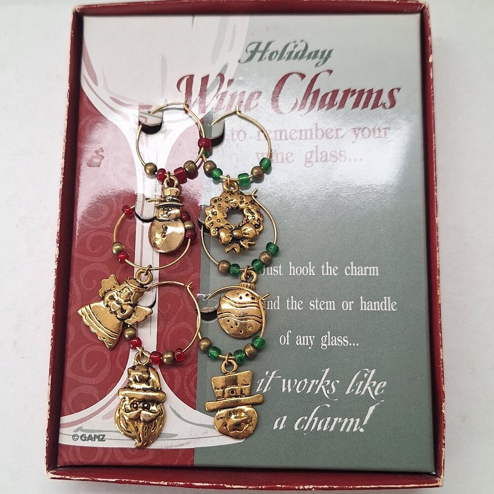 Vintage brass Christmas wine charms Set of 6 - ganz